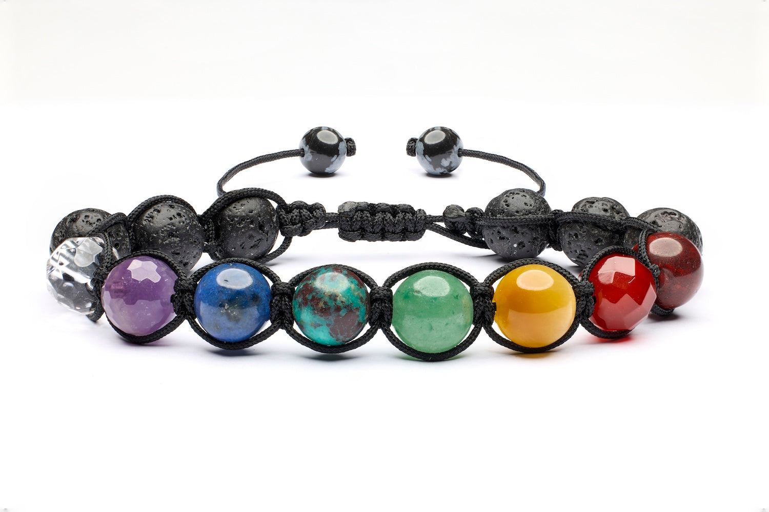 chakra bracelet with snowflake obsidian dangles